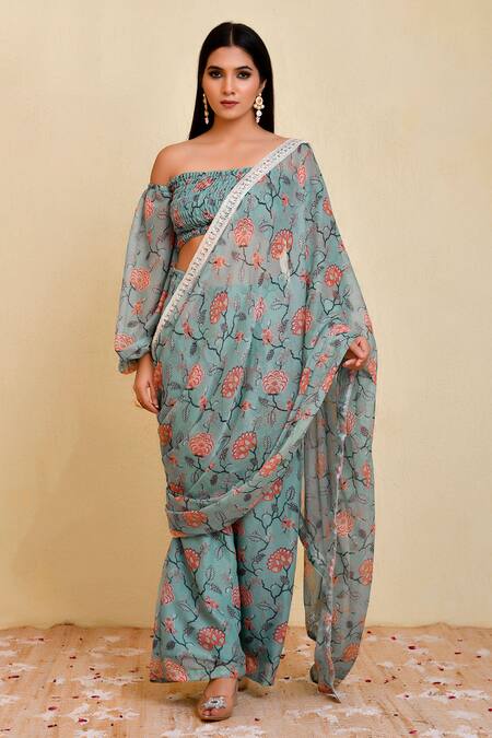 Bannhi By Priyanka Rathore_Blue Georgette Lace, Embroidery Floral Pattern Pre-draped Pant Saree With Blouse _Online_at_Aza_Fashions