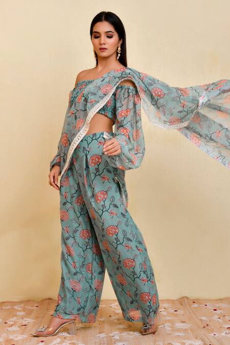 Shop_Bannhi By Priyanka Rathore_Blue Georgette Lace, Embroidery Floral Pattern Pre-draped Pant Saree With Blouse _Online_at_Aza_Fashions