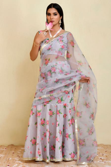 Bannhi Grey Chanderi Printed Floral Leaf Lace Detailed Hem Pre-draped Saree With Blouse 