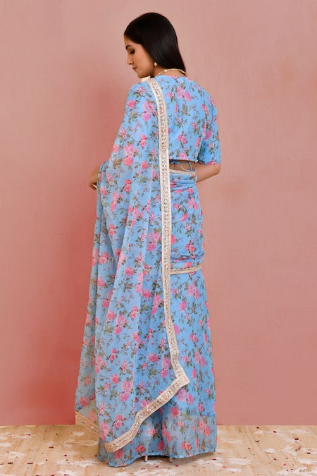 Shop_Bannhi By Priyanka Rathore_Blue Georgette Lace V-neck Detailed Pre-draped Saree With Blouse _at_Aza_Fashions