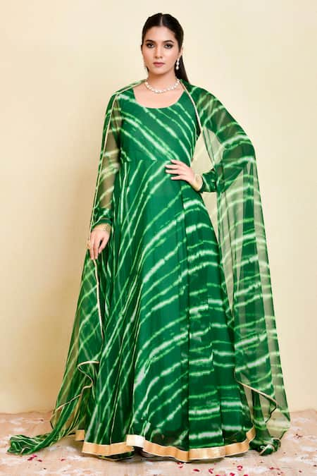 Bannhi Green Georgette Printed Leheriya Round Anarkali With Dupatta 