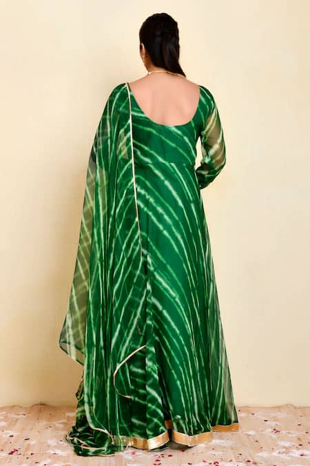 Shop_Bannhi By Priyanka Rathore_Green Georgette Lace Round Neck Leheriya Print Anarkali With Dupatta _at_Aza_Fashions