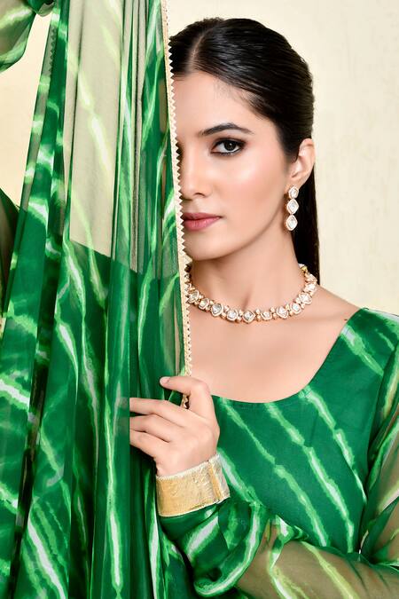 Buy_Bannhi By Priyanka Rathore_Green Georgette Lace Round Neck Leheriya Print Anarkali With Dupatta _Online_at_Aza_Fashions