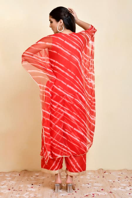 Shop_Bannhi By Priyanka Rathore_Red Georgette Lace V-neck Leheriya Print Kaftan With Pant _at_Aza_Fashions