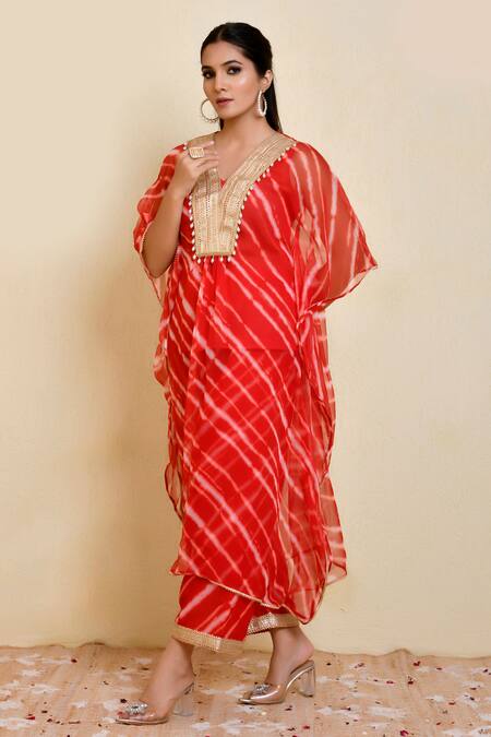 Buy_Bannhi By Priyanka Rathore_Red Georgette Lace V-neck Leheriya Print Kaftan With Pant _Online_at_Aza_Fashions
