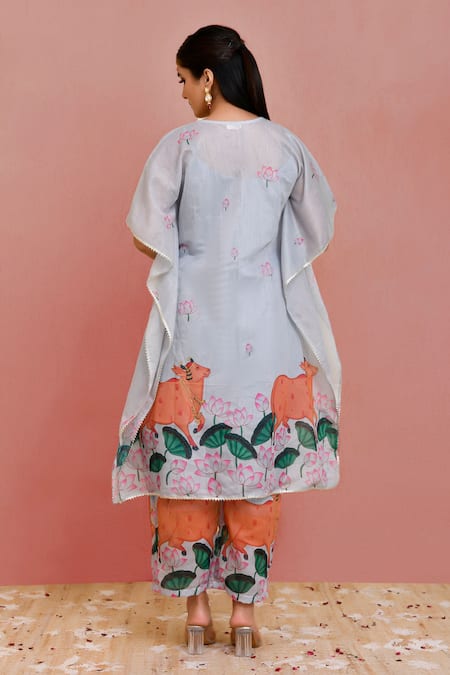 Shop_Bannhi By Priyanka Rathore_Grey Chanderi Lace Round Neck Pichwai Print Kaftan With Pant _at_Aza_Fashions