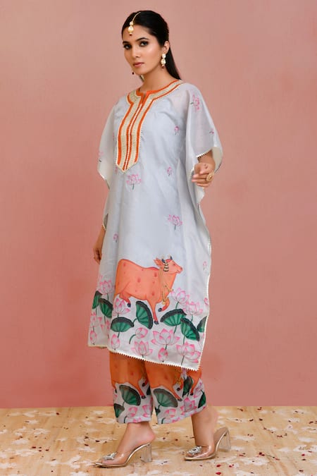 Shop_Bannhi By Priyanka Rathore_Grey Chanderi Lace Round Neck Pichwai Print Kaftan With Pant _Online_at_Aza_Fashions