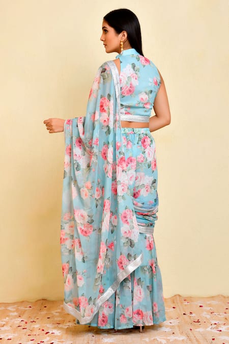 Bannhi By Priyanka Rathore Floral Print Pre-Draped Sharara Saree With Blouse 