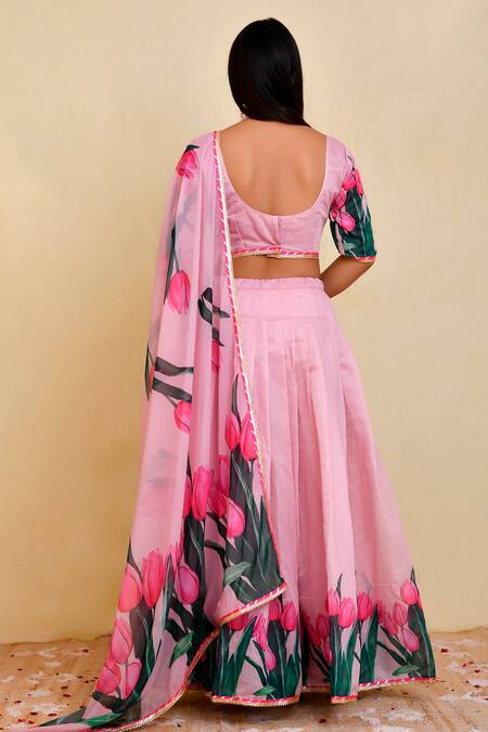 Shop_Bannhi By Priyanka Rathore_Pink Chanderi Embroidery, Lace Floral Print Lehenga Set _at_Aza_Fashions