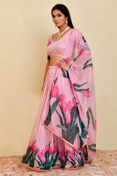 Buy_Bannhi By Priyanka Rathore_Pink Chanderi Embroidery, Lace Floral Print Lehenga Set _Online_at_Aza_Fashions