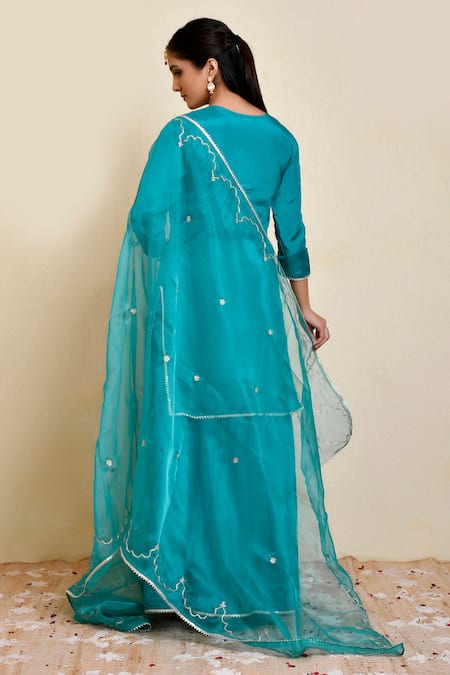 Shop_Bannhi By Priyanka Rathore_Blue Silk, Chiffon Embroidery Round Neck Floral Aari Detailed Kurta Sharara Set _at_Aza_Fashions