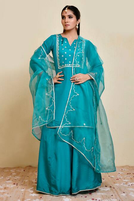 Shop_Bannhi By Priyanka Rathore_Blue Silk, Chiffon Embroidery Round Neck Floral Aari Detailed Kurta Sharara Set _Online_at_Aza_Fashions