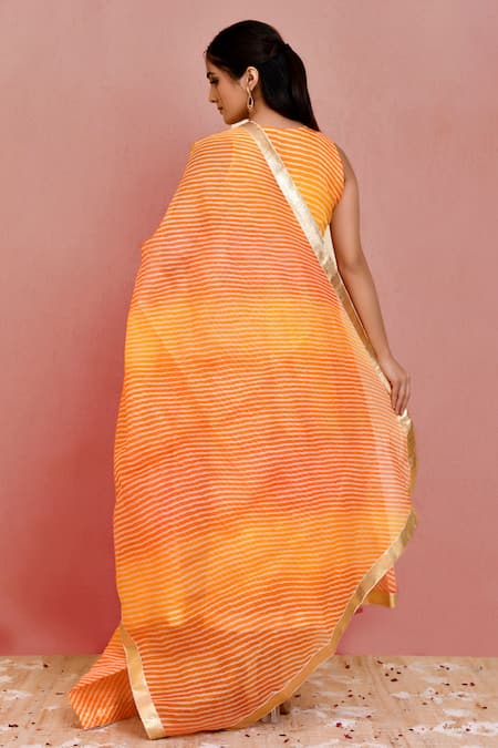 Shop_Bannhi By Priyanka Rathore_Yellow Kota Doria Lace V-neck Leheriya Print Anarkali Set _at_Aza_Fashions