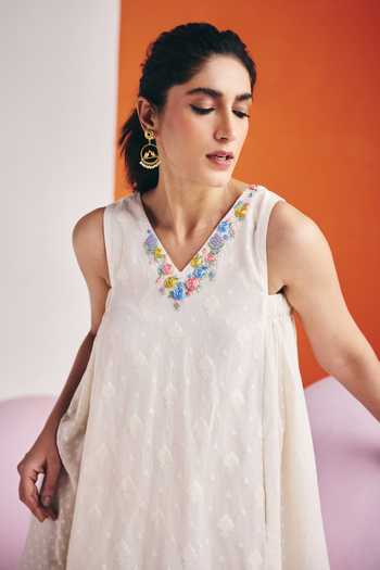 Leela By A Ivory Jacquard, Cotton Embroidery V-neck Floral Bloom Neckline Midi Dress Online at Aza Fashions Leela By A_Ivory Jacquard, Cotton Embroidery V-neck Floral Bloom Neckline Midi Dress _Online_at_Aza_Fashions
