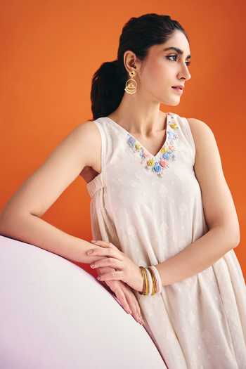 Buy Leela By A Ivory Jacquard, Cotton Embroidery V-neck Floral Bloom Neckline Midi Dress Online at Aza Fashions Buy_Leela By A_Ivory Jacquard, Cotton Embroidery V-neck Floral Bloom Neckline Midi Dress _Online_at_Aza_Fashions