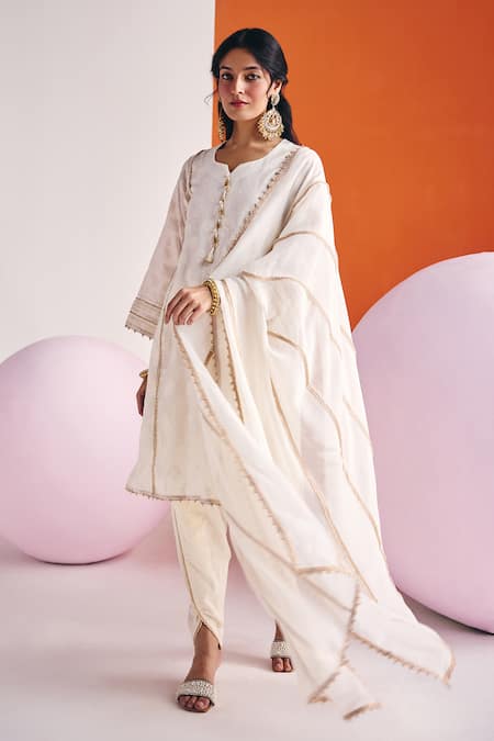 Leela By A Ivory Jacquard, Cotton Metallic Thread, Zari, Moti And Lace Embellished Kurta Set Online at Aza Fashions Leela By A_Ivory Jacquard, Cotton Metallic Thread, Zari, Moti And Lace Embellished Kurta Set _Online_at_Aza_Fashions
