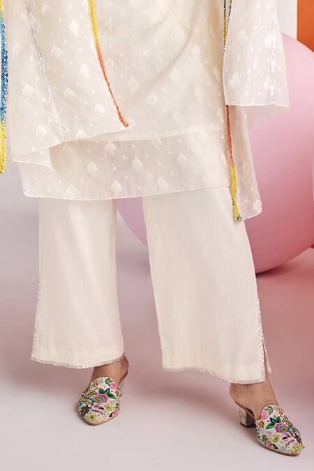 Leela By A_Ivory Jacquard, Cotton Sequins 3d Ditsy Bloom Embroidered Embellished Kaftan Set _Online_at_Aza_Fashions