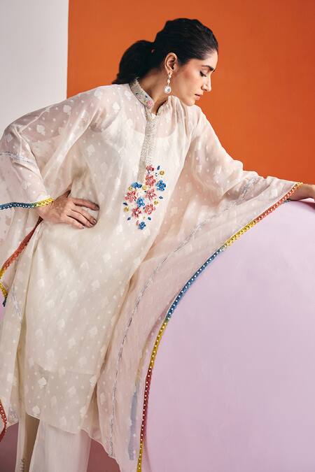 Leela By A_Ivory Jacquard, Cotton Sequins 3d Ditsy Bloom Embroidered Embellished Kaftan Set _at_Aza_Fashions