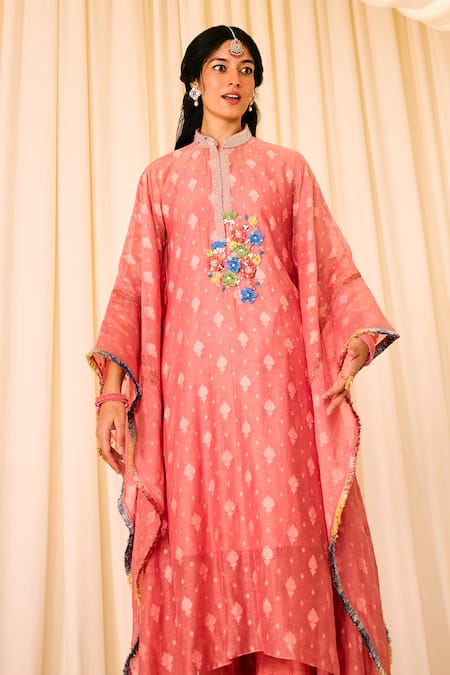 Shop_Leela By A_Pink Jacquard, Cotton Embroidery Mandarin 3d Phool Bloom Embellished Kaftan Set _Online_at_Aza_Fashions