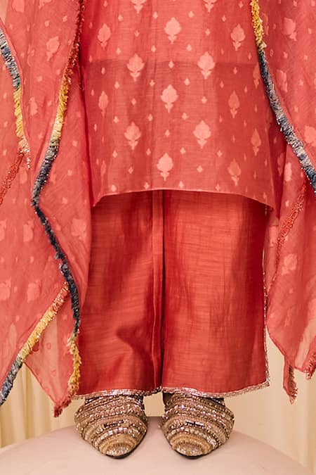 Leela By A_Pink Jacquard, Cotton Embroidery Mandarin 3d Phool Bloom Embellished Kaftan Set _at_Aza_Fashions