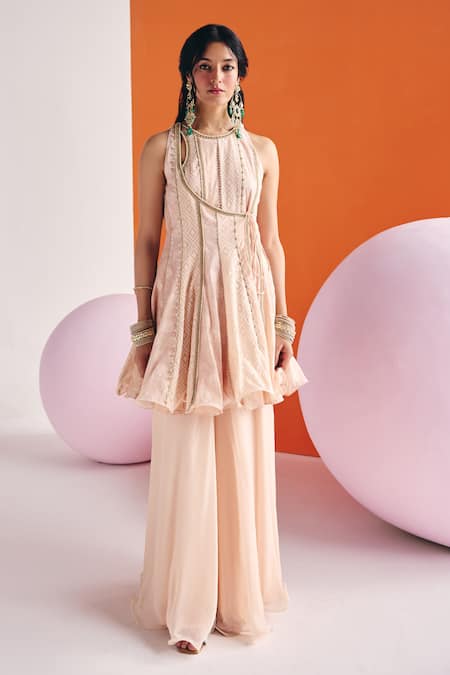 Leela By A_Beige Jacquard, Cotton, Embellished Panelled Angarkha Anarkali Palazzo Set _Online_at_Aza_Fashions