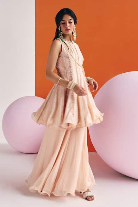 Buy_Leela By A_Beige Jacquard, Cotton, Embellished Panelled Angarkha Anarkali Palazzo Set _Online_at_Aza_Fashions