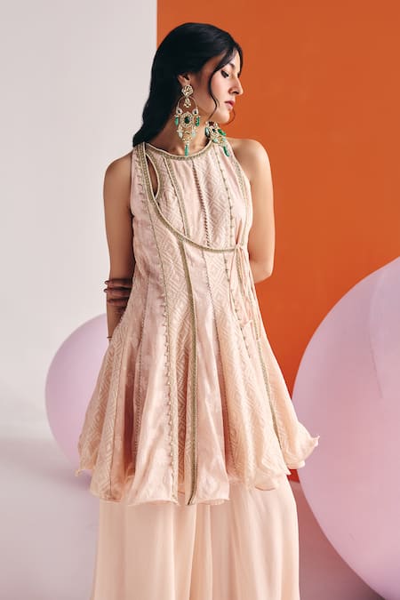 Shop_Leela By A_Beige Jacquard, Cotton, Embellished Panelled Angarkha Anarkali Palazzo Set _Online_at_Aza_Fashions
