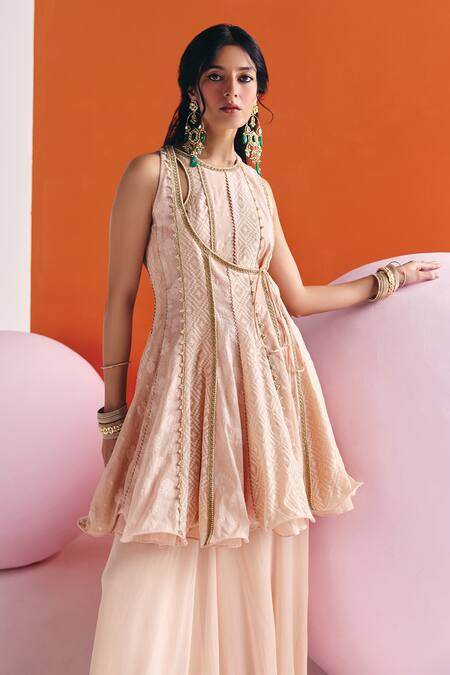 Leela By A_Beige Jacquard, Cotton, Embellished Panelled Angarkha Anarkali Palazzo Set _at_Aza_Fashions