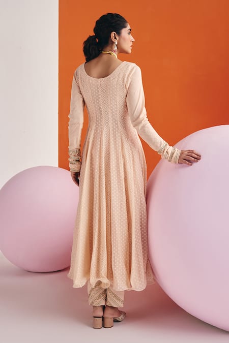 Shop Leela By A Beige Jacquard, Cotton Lace, Pearls Woven Embellished Panelled Anarkali Pant Set at Aza Fashions Shop_Leela By A_Beige Jacquard, Cotton Lace, Pearls Woven Embellished Panelled Anarkali Pant Set _at_Aza_Fashions