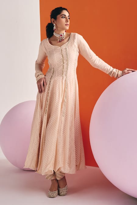Leela By A Beige Jacquard, Cotton Lace, Pearls Woven Embellished Panelled Anarkali Pant Set Online at Aza Fashions Leela By A_Beige Jacquard, Cotton Lace, Pearls Woven Embellished Panelled Anarkali Pant Set _Online_at_Aza_Fashions