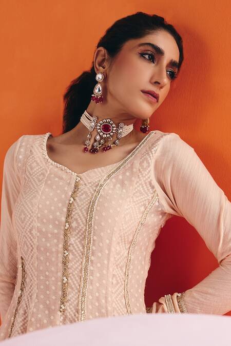 Shop Leela By A Beige Jacquard, Cotton Lace, Pearls Woven Embellished Panelled Anarkali Pant Set Online at Aza Fashions Shop_Leela By A_Beige Jacquard, Cotton Lace, Pearls Woven Embellished Panelled Anarkali Pant Set _Online_at_Aza_Fashions