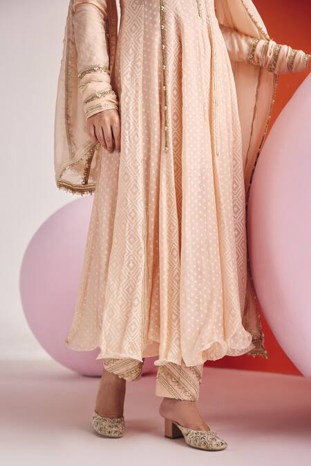 Leela By A Beige Jacquard, Cotton Lace, Pearls Woven Embellished Panelled Anarkali Pant Set at Aza Fashions Leela By A_Beige Jacquard, Cotton Lace, Pearls Woven Embellished Panelled Anarkali Pant Set _at_Aza_Fashions
