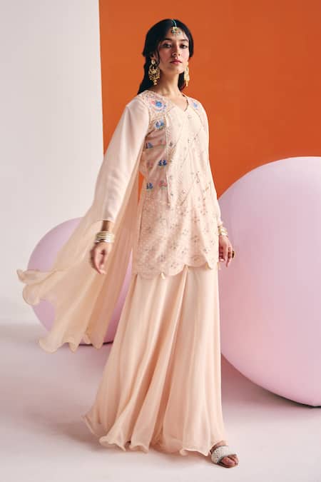 Leela By A Beige Jacquard, Cotton Pearls, Zari, Lace Embroidered Woven Kurta With Palazzo Online at Aza Fashions Leela By A_Beige Jacquard, Cotton Pearls, Zari, Lace Embroidered Woven Kurta With Palazzo _Online_at_Aza_Fashions