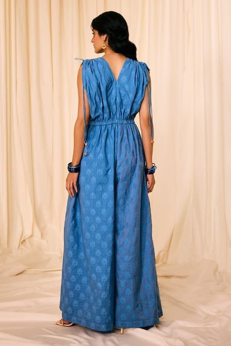 Shop_Leela By A_Blue Jacquard, Cotton Embroidery V-neck Lotus Woven Jumpsuit _at_Aza_Fashions