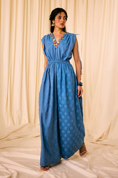 Leela By A_Blue Jacquard, Cotton Embroidery V-neck Lotus Woven Jumpsuit _Online_at_Aza_Fashions