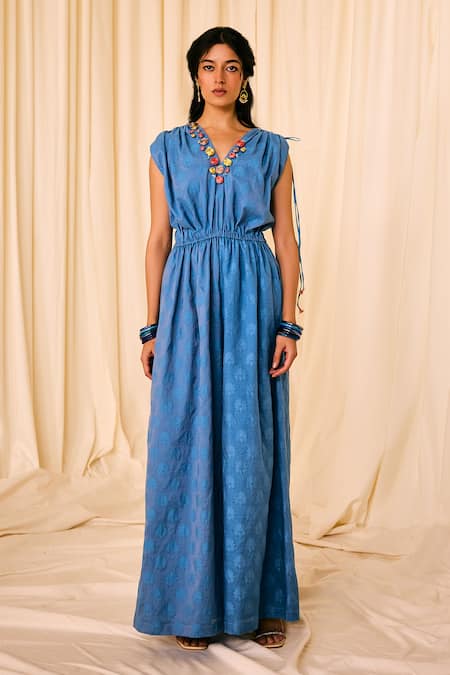Buy_Leela By A_Blue Jacquard, Cotton Embroidery V-neck Lotus Woven Jumpsuit _Online_at_Aza_Fashions