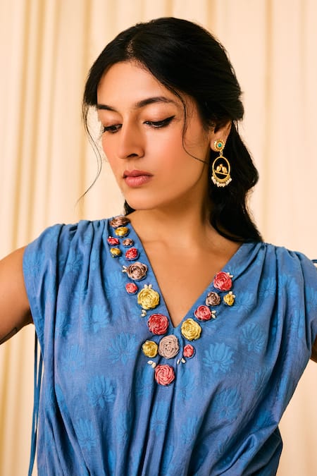 Shop_Leela By A_Blue Jacquard, Cotton Embroidery V-neck Lotus Woven Jumpsuit _Online_at_Aza_Fashions