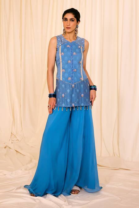 Leela By A_Blue Jacquard, Cotton, Chiffon Lace, Lotus Woven Embellished Kurta Palazzo Set _Online_at_Aza_Fashions