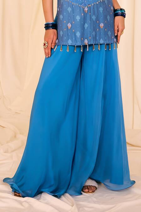 Buy_Leela By A_Blue Jacquard, Cotton, Chiffon Lace, Lotus Woven Embellished Kurta Palazzo Set _Online_at_Aza_Fashions