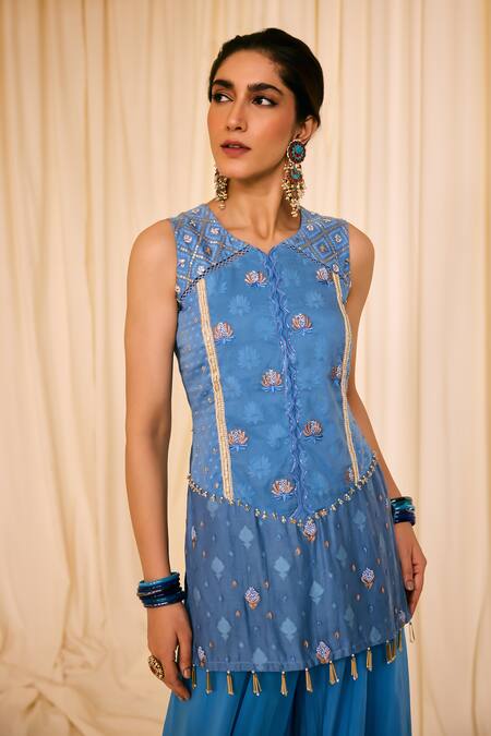 Shop_Leela By A_Blue Jacquard, Cotton, Chiffon Lace, Lotus Woven Embellished Kurta Palazzo Set _Online_at_Aza_Fashions