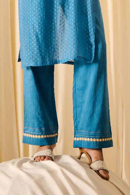 Shop Leela By A Blue Jacquard, Cotton Embroidery Round Woven Butti Threadwork Kurta Pant Set Online at Aza Fashions Shop_Leela By A_Blue Jacquard, Cotton Embroidery Round Woven Butti Threadwork Kurta Pant Set _Online_at_Aza_Fashions