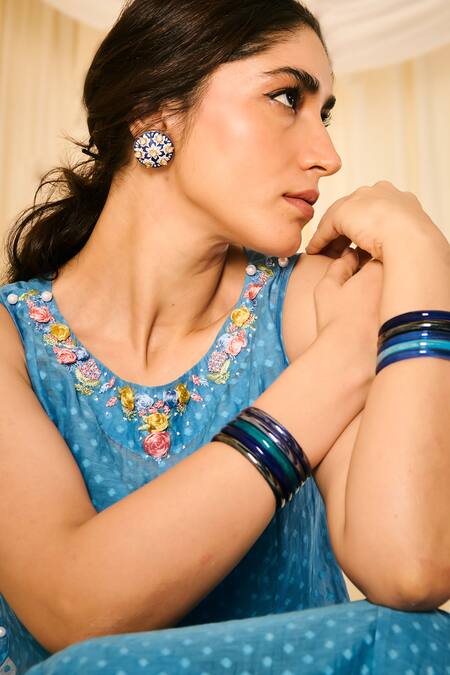 Leela By A Blue Jacquard, Cotton Embroidery Round Woven Butti Threadwork Kurta Pant Set at Aza Fashions Leela By A_Blue Jacquard, Cotton Embroidery Round Woven Butti Threadwork Kurta Pant Set _at_Aza_Fashions