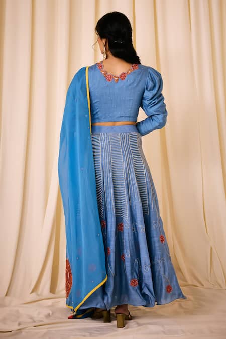 Shop Leela By A Blue Chanderi, Cotton Sequins, Applique, Beads, Floral Embroidered Lehenga Set at Aza Fashions Shop_Leela By A_Blue Chanderi, Cotton Sequins, Applique, Beads, Floral Embroidered Lehenga Set _at_Aza_Fashions