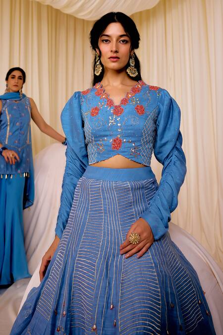 Leela By A Blue Chanderi, Cotton Sequins, Applique, Beads, Floral Embroidered Lehenga Set Online at Aza Fashions Leela By A_Blue Chanderi, Cotton Sequins, Applique, Beads, Floral Embroidered Lehenga Set _Online_at_Aza_Fashions