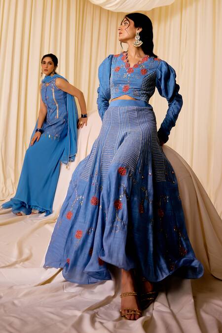 Shop Leela By A Blue Chanderi, Cotton Sequins, Applique, Beads, Floral Embroidered Lehenga Set Online at Aza Fashions Shop_Leela By A_Blue Chanderi, Cotton Sequins, Applique, Beads, Floral Embroidered Lehenga Set _Online_at_Aza_Fashions