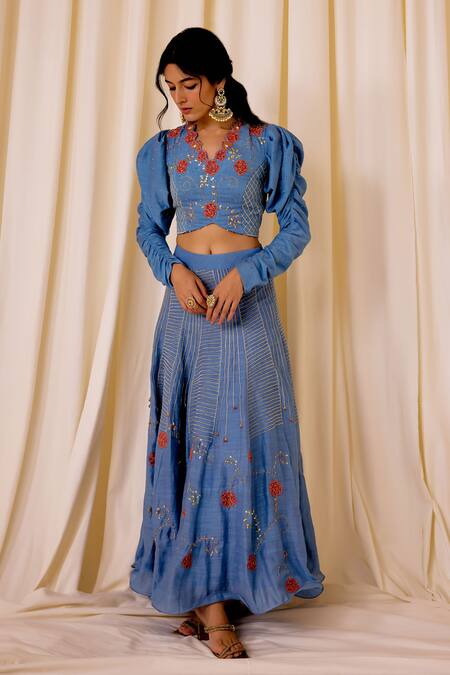 Buy Leela By A Blue Chanderi, Cotton Sequins, Applique, Beads, Floral Embroidered Lehenga Set Buy_Leela By A_Blue Chanderi, Cotton Sequins, Applique, Beads, Floral Embroidered Lehenga Set