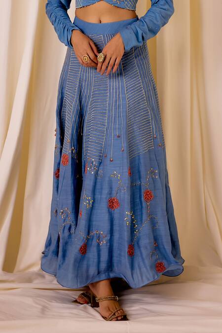 Shop Leela By A Blue Chanderi, Cotton Sequins, Applique, Beads, Floral Embroidered Lehenga Set Shop_Leela By A_Blue Chanderi, Cotton Sequins, Applique, Beads, Floral Embroidered Lehenga Set