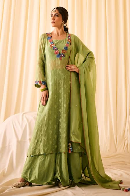 Leela By A Woven Floral Applique Kurta Palazzo Set 