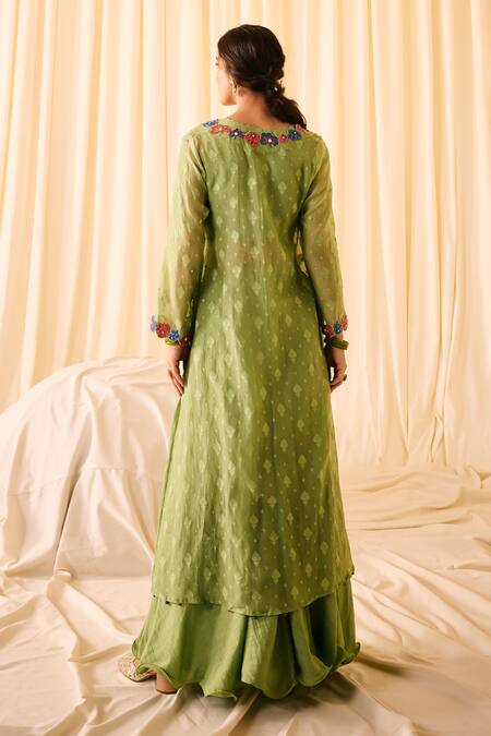 Shop Leela By A Green Jacquard, Cotton Embroidery, Woven Floral Applique Kurta Palazzo Set at Aza Fashions Shop_Leela By A_Green Jacquard, Cotton Embroidery, Woven Floral Applique Kurta Palazzo Set _at_Aza_Fashions