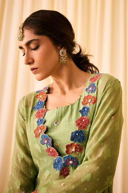 Buy Leela By A Green Jacquard, Cotton Embroidery, Woven Floral Applique Kurta Palazzo Set Online at Aza Fashions Buy_Leela By A_Green Jacquard, Cotton Embroidery, Woven Floral Applique Kurta Palazzo Set _Online_at_Aza_Fashions